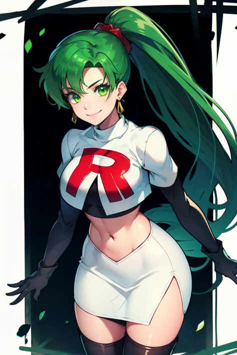 lyn, ponytail, green eyes, green hair, earrings ,team rocket uniform, red letter r, white skirt,white crop top,black thigh-high ...