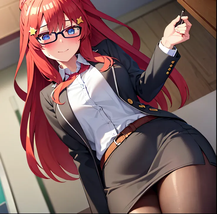 , , mksks style, detailed background, 1 girl, alone, Itsuki Nakano, aged, mature female, star hair ornament, long hair, red hair, Choke, bangs, hair amazing eyes, ponytail, blue eyes, big breasts , Office girl, red glasses, bottom, black suit jacket, colla...