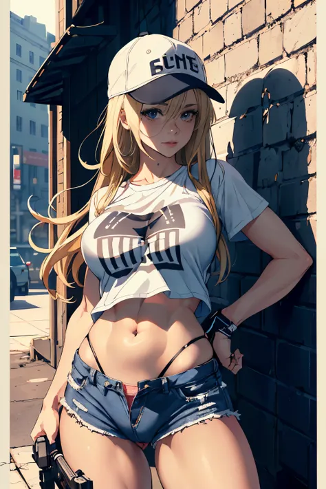 masterpiece, super detailed, 8K portrait, Raw photo, portrait photography, highly detailed face, beautiful and detailed eyes, Close-up of a woman wearing a white T-shirt and high-cut denim hot pants and holding a gun, blonde long hair, baseball cap, small ...