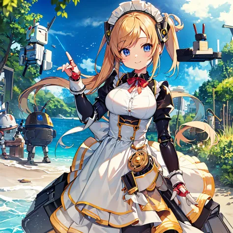 highest quality、masterpiece、High resolution、(Android Girl:1.3)、mechanic body、One beautiful girl、maid、detailed face、smile、(robot joints:1.2)