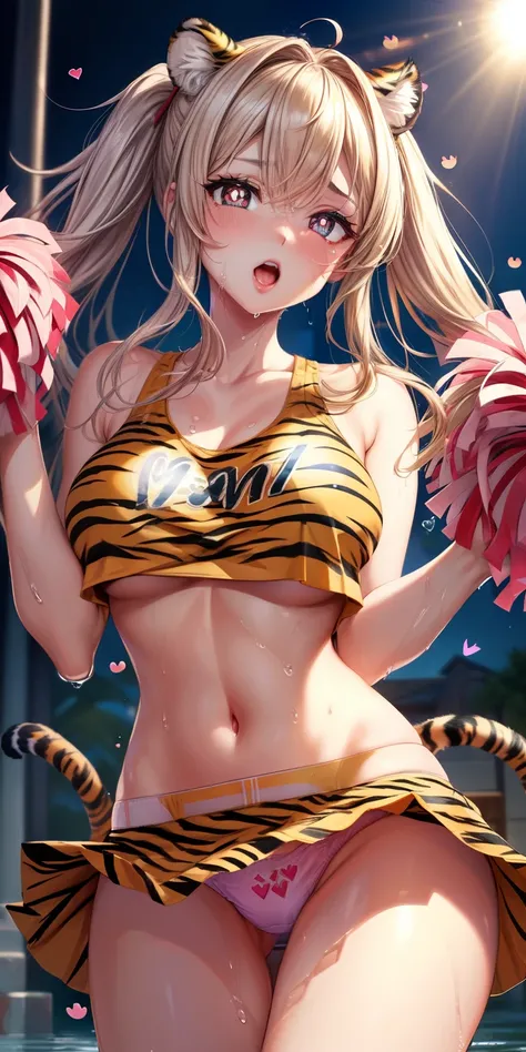 ram invader, detailed breasts, open your mouth wide and stick out your tongue、Place your hand next to your mouth、Her mouth is open wide enough for my dick to enter.、anime dick, (tiger print cheerleader: 1.2), （white panties:1.4）,muste piece, best quality, ...