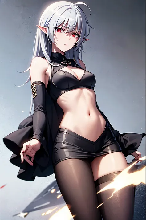 alice,vampire,grey hair, long hair, red eyes, pointy ears, small breasts,black dress, cleavage cutout, long sleeves, thighhighs, thigh strip
