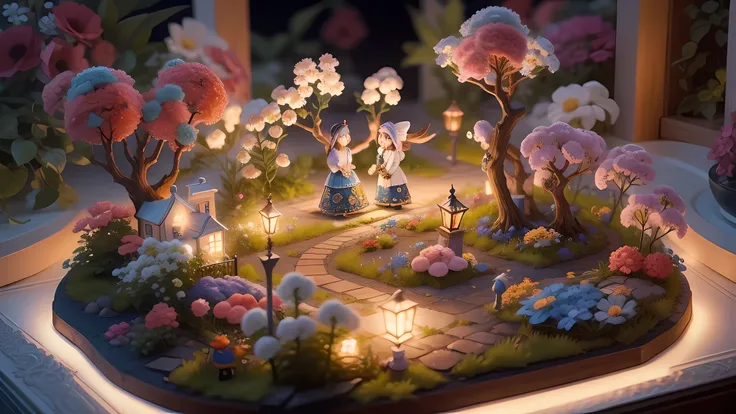 Magic garden miniature scene, The branches are full of delicate flowers，Soft lighting, Happy smiling miniature illuminated. 8K Auto Reality