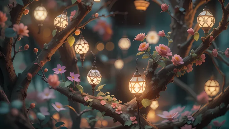 Magic garden miniature scene, The branches are full of delicate flowers，Soft lighting, Happy smiling miniature illuminated. 8K Auto Reality