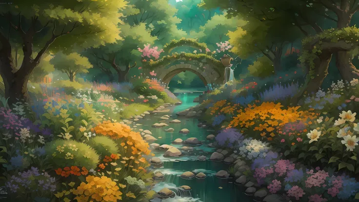 (best quality,4K,8K,high resolution,masterpiece:1.2),super detailed,(actual,photoactual,photo-actual:1.37),bright colors,beautiful garden,vibrant flowers,Detailed petals,peaceful scenery,meandering river,detour,professional,sharp focus,Physically based ren...