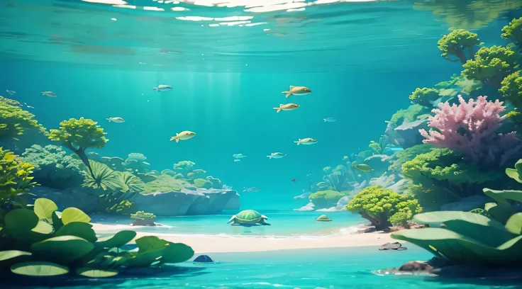 Many sea turtles swimming in the sea，pixar disney style，8K HD，Realistic style，More than a dozen turtles，Delicate turtle