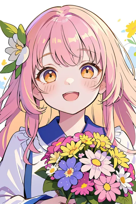 (highest quality), (Super detailed), (whole body: 1.2), 1 girl, Little, cute, (happy look),smiling face with open mouth,(A colorful and cute flower garden:1.3), Cute winter clothes in pink, purple, light blue and white, blush, : 3,(banguri and, (light gol...