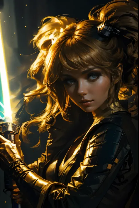 "(best quality,highres),sexy female jedi knight,beautiful detailed eyes,long eyelashes light tan robe,holding a lightsaber,portraits,star wars background,vivid colors,studio lighting"