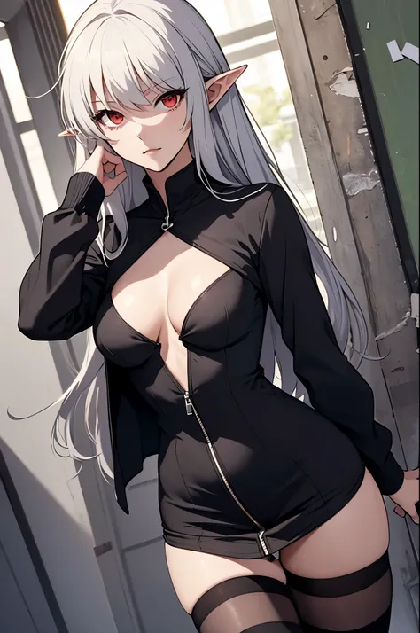 alice,vampire,grey hair, long hair, red eyes, pointy ears, small breasts,black dress, cleavage cutout, long sleeves, thighhighs, thigh strip
