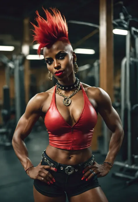 1980 vintage photography of a sexy muscular  somali  woman inside a dark gym after hours standing flexing, massive cleavage, dyn...