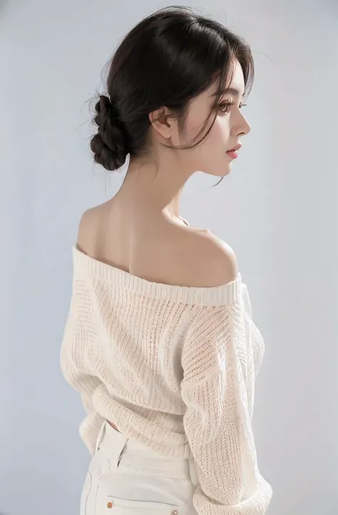 araffe woman in off shoulder sweater and white jeans pants, puff sleeves, off the shoulder shirt, wearing a blouse, wearing a cute top, cotton, hair floating covering chest, shoulder, look, sheer, only, in summer, white trendy clothes, white blouse, white ...