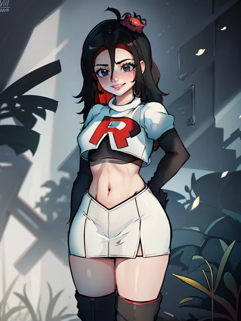 bright lips, team rocket uniform, red letter r, white skirt, white crop top, black thigh high boots, black elbow gloves,smile, l...