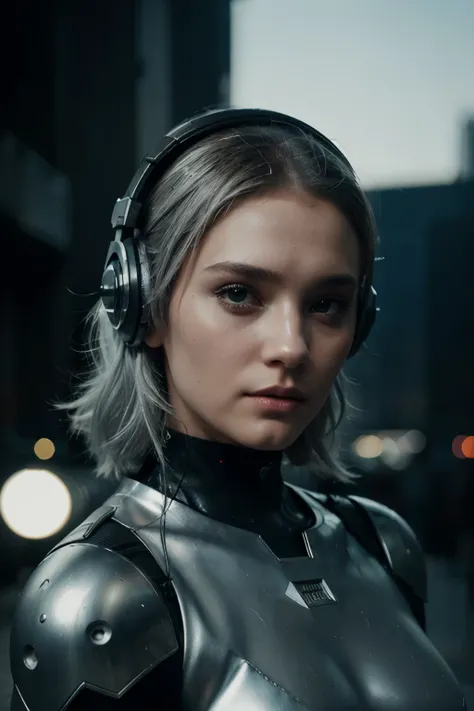 raw digital photo,woman,mythical girl,silver hair,nighttime,soft focus,designed by Bronzino,Marta Bevacqua,synthpunk,Fomapan 400,F/8,single color,rpg concept art a close up of a woman wearing a helmet and headphones, beautiful cyberpunk woman model, portra...