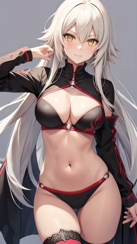 summer_jalter, yellow_eyes, long hair, mature,   single thighhigh, white hair, thigh strap,  bikini, 1girl, solo, closeup