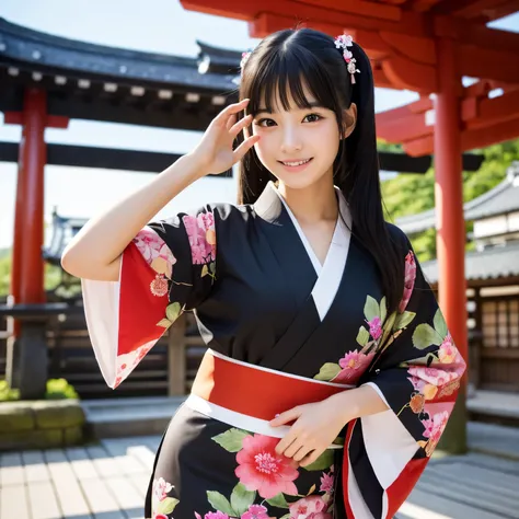 Best-quality, Masterpiece, Ultra-High-Resolution, (Photorealistic:1.4), Raw-Photo, 1girl, 16-years-old, the most popular Japanese idol, wearing only Japanese-KIMONO with cute-design, dancing at the most famous Japanese shrine, extremely cute face like a mo...