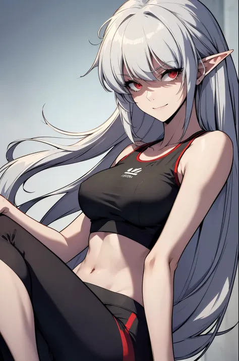 alice,vampire,grey hair, long hair, red eyes, pointy ears, small breasts,, best quality, photorealistic, yujiasuit, yoga sports bra, yoga pants, 1girl, solo, , yoga ball, pants, looking at viewer, smile, green sports bra, simple background, , midriff, long...