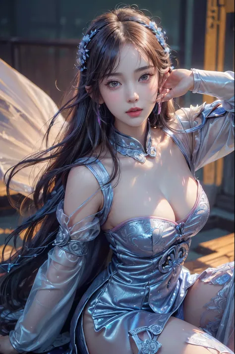 battlefield(Wide shot, Wide-angle lens,panoramic:1.5), seductive smile, Chinese martial arts war scenes, A Chinese girl in blue and platinum armor, Martial arts style, Chinese fairy tale, ,Chinese style, Glowing, (Fractal art:1.3), Cinematic, Stunning, Vi...