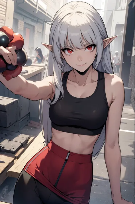 alice,vampire,grey hair, long hair, red eyes, pointy ears, small breasts,, best quality, photorealistic, yujiasuit, yoga sports bra, yoga pants, 1girl, solo, , yoga ball, pants, looking at viewer, smile, green sports bra, simple background, , midriff, long...