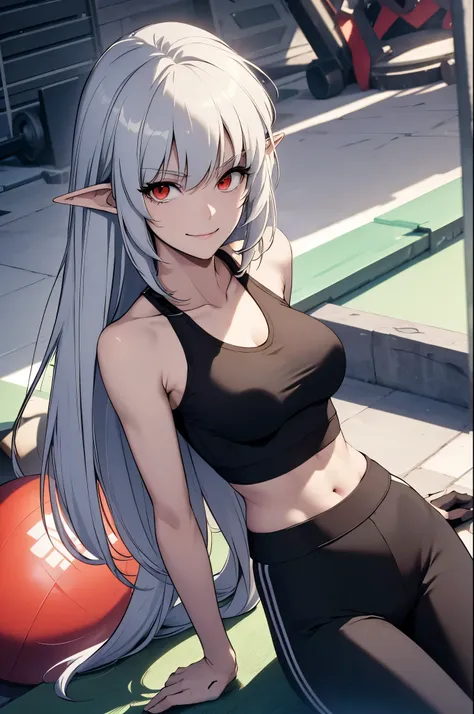 alice,vampire,grey hair, long hair, red eyes, pointy ears, small breasts,, best quality, photorealistic, yujiasuit, yoga sports bra, yoga pants, 1girl, solo, , yoga ball, pants, looking at viewer, smile, green sports bra, simple background, , midriff, long...