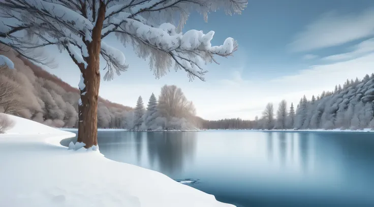 snowy lake with trees and snow on the ground, winter lake setting, icy lake setting, ice snowy lake setting, beautiful snowy landscape, beautiful winter area, cold snowy, cold but beautiful, cold blue colors, frozen lake, snowy winter, snow landscape, wint...