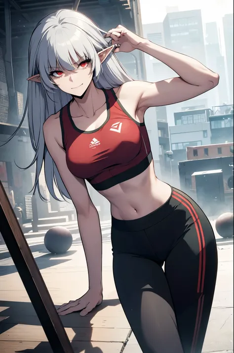 alice,vampire,grey hair, long hair, red eyes, pointy ears, small breasts,, best quality, photorealistic, yujiasuit, yoga sports bra, yoga pants, 1girl, solo, , yoga ball, pants, looking at viewer, smile, green sports bra, simple background, , midriff, long...