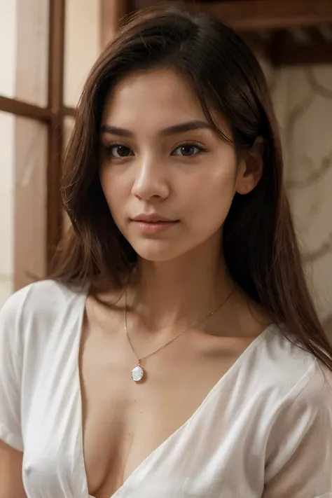 Imagine a young woman who possesses a unique blend of Asian and Russian features.. His face is a harmonious fusion of distinctive characteristics of both ethnicities.. Tiene ojos almendrados, grandes y expresivos, of a dark brown color, typical of Asian he...