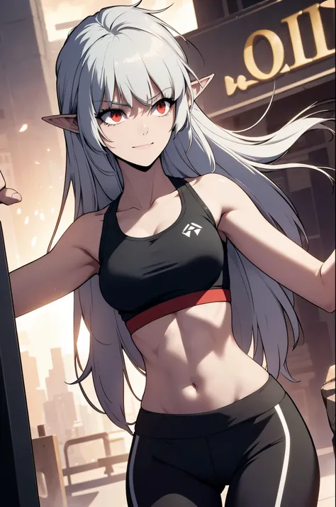 alice,vampire,grey hair, long hair, red eyes, pointy ears, small breasts,, best quality, photorealistic, yujiasuit, yoga sports bra, yoga pants, 1girl, solo, , yoga ball, pants, looking at viewer, smile, green sports bra, simple background, , midriff, long...