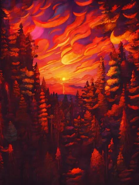 Mysterious mountain cabin nestled amongst dense, psychedelic forests, with a breathtaking sunset sky casting vibrant, warm hues of purple, pink and orange, creating an atmosphere of curiosity and intrigue.