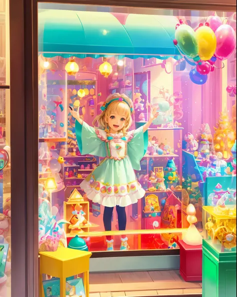 joyful, toy store window display, plushy animals, pastel color, soft lighting, playful atmosphere, whimsical details, enchanting scene, cheerful toys, cute characters, nostalgic charm, lively energy, vibrant colors, imaginative designs, happy children, ani...