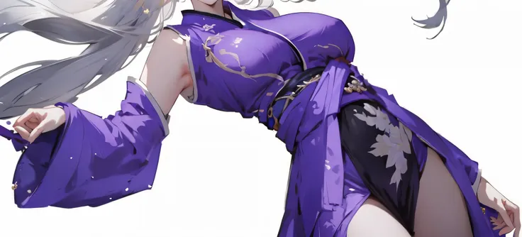 1 girl，Heroine，Handsome，Splash ink，（full body portrait），（（2.5D）），white hair，floating hair strandquisite eyes，Purple antique brocade Hanfu，fov，（f1.8），（masterpiece)，(portrait shot)，front shot,White background，Character design sheet，thin waist，Big breasts sag...