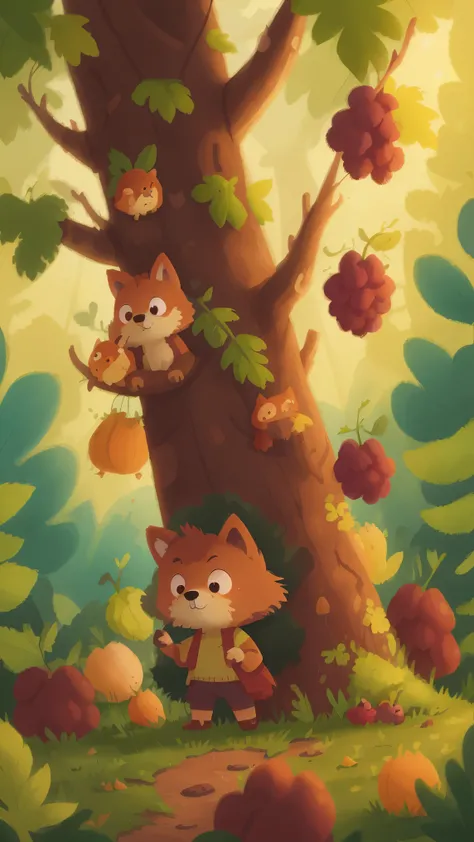 A little wolf looks at the grapes on the tree