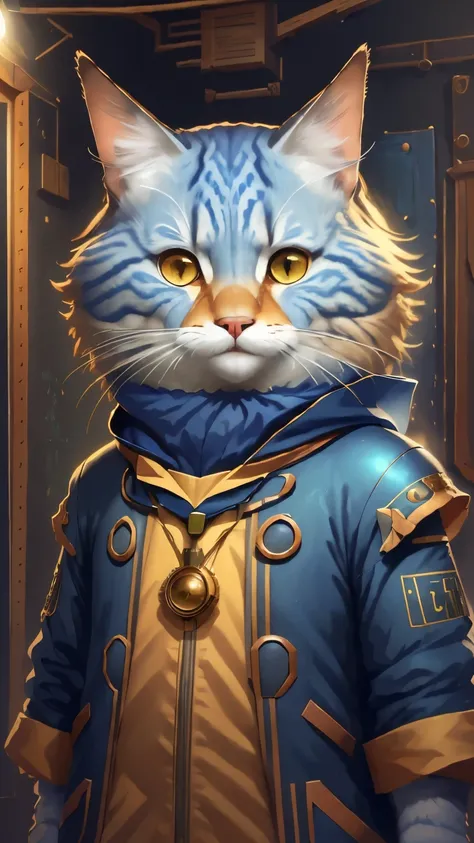 ((Un gato vestido de tela，pelo esponjoso, Anthropomorphic expressions, Colores ricos, detalles exquisitos, obra maestra, realista，art station, CG, realista, motor irreal , luces y sombras reales, beautiful Colores ricos, Detalles asombrosos, alta calidad，u...