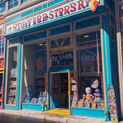 best quality, 32k, RAW photo, incredibly absurdres, extremely detailed, art written with water-based paints, the world of toys shining in the window of a toy store, (a sign above the store that says”toy store”:1.4), dream fantasy, background shopping stree...