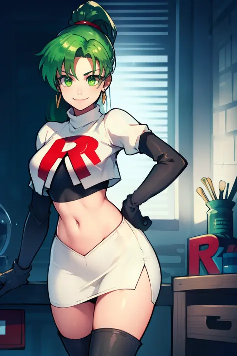 lyn, ponytail, green eyes, green hair, earrings ,team rocket uniform, red letter R, white skirt,white crop top,black thigh-high boots, black elbow gloves, evil smile, looking at viewer, cowboy shot, 