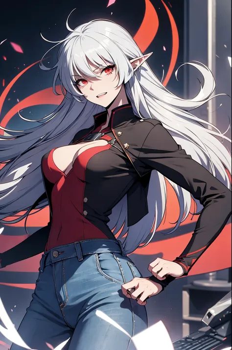 alice,vampire,grey hair, long hair, red eyes, pointy ears, small breasts,1girl, shirt, jeans, from side, running, laughing, high...