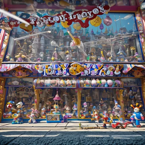 best quality, 32k, RAW photo, incredibly absurdres, extremely detailed, dream fantasy art, the world of toys shining in the window of a toy store, (a sign above the store that says”toy store”:1.7), background shopping street