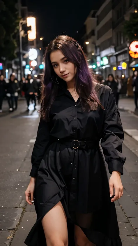 Menina bonita, menina jovem, 22 anos, Cabelo absurdamente longos, cabelo pintado todo de roxo, com um vestido longo de cor preto, roupa de casamento preto, mulher japonesa, fundo em um lugar em paris, ambiente de noite, apaixonada, realista.