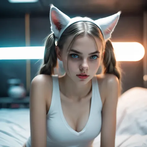White girl, sitting on a bed, in a cyberpunk steel bunker with hatches etc., in the background. she wearing white cats ears. She has twintail hairstyle. 16 years old girl, slim petite, small girl, beautiful breasts. Masterpiece, 8k, 4k, high resolution, ds...