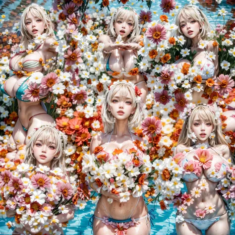 (Full of flowers, White and Red with vivid colors), (Acutance:0.85), ((NSFW:-0.95)), (Exposed:1.1), (((nipple:-0.99))) . ((6 girls laying in a pool filled with flower:1.25)), { (Full of flowers covering and surrounding girls body:1.2) | (Bikini made only f...