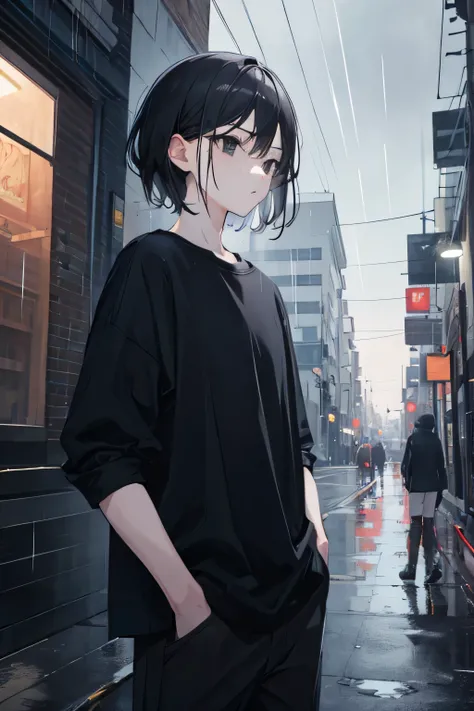 ((best quality)),((masterpiece)),(detailed),1girl,night city,rain,black shirt,hands in pockets,tall,black hair,black eyes,nonchalant,buff,flat,calm