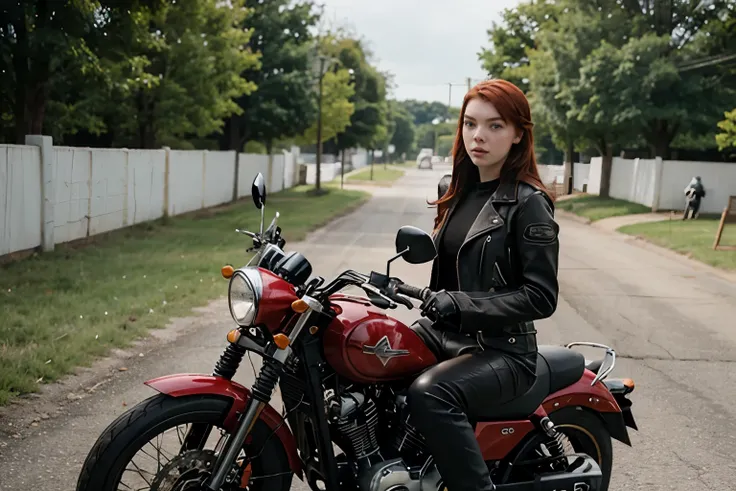 Anya Taylor Joy with red hair and freckles wearing leather, doing a wheelie on a motorcycle