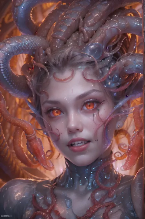 scary and sexy detailed art in color, Portrait, (beautiful and obscene female alien:1.4), (vulgarity1.5), (she has red eyes with no pupils:1.8), (Translucent skin:1.7),  (There is a female genital-like organ in the middle of the forehead:1.9), (The most be...