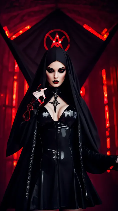 Portrait,Gothic,A provocative figure dressed as a satanic nun,central framing in the photograph,seductive gaze directly at the camera,wearing a black PVC micro mini dress,lavish makeup,dark ambiance,standing in front of a bright red pentagram painted on an...