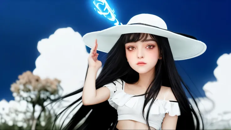 realistic, 1girl, black hair, glowing eyes, crop top, skirt, parted lips, blush,cute,sweet smlile .