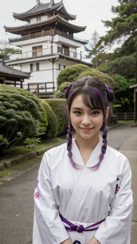 Menina bonita, menina jovem, 25 anos, Cabelo absurdamente longos, cabelo pintado todo de roxo, com um Kimono japones feminino de cor branco e roxo, mulher japonesa, fundo em um parque, sorrindo, apaixonada, realista.