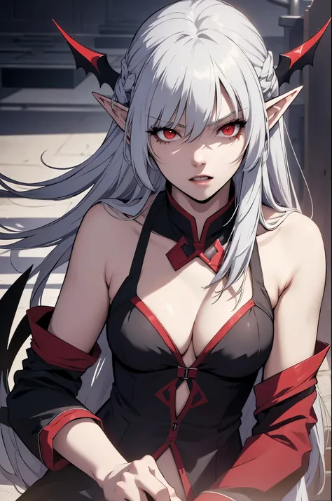 alice,vampire,grey hair, long hair, red eyes, pointy ears, small breasts,bikini