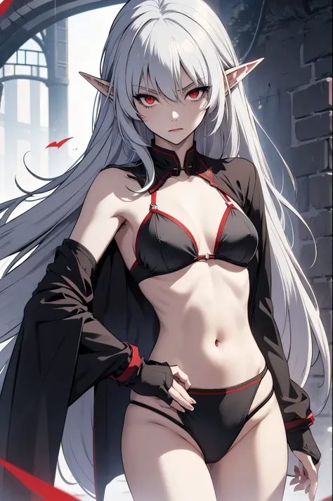 alice,vampire,grey hair, long hair, red eyes, pointy ears, small breasts,bikini