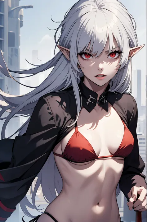 alice,vampire,grey hair, long hair, red eyes, pointy ears, small breasts,((bikini))
