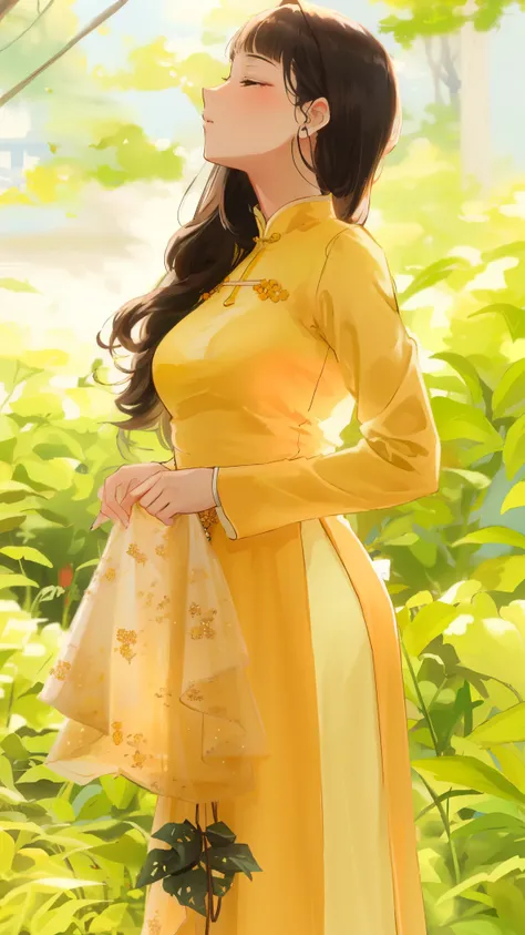 a close up of a woman in a yellow dress holding a hat, ao dai, (brown long hair swept bangs:1.3), lady using yellow dress, closed eyes, vietnamese woman, beautiful yellow woman, wearing a yellow dress, yellow hue, with yellow cloths, mai anh tran, elegant ...