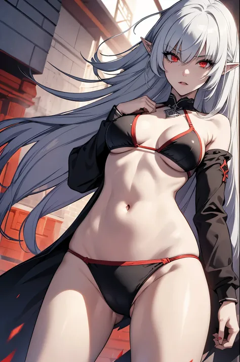 alice,vampire,grey hair, long hair, red eyes, pointy ears, small breasts,((bikini))
